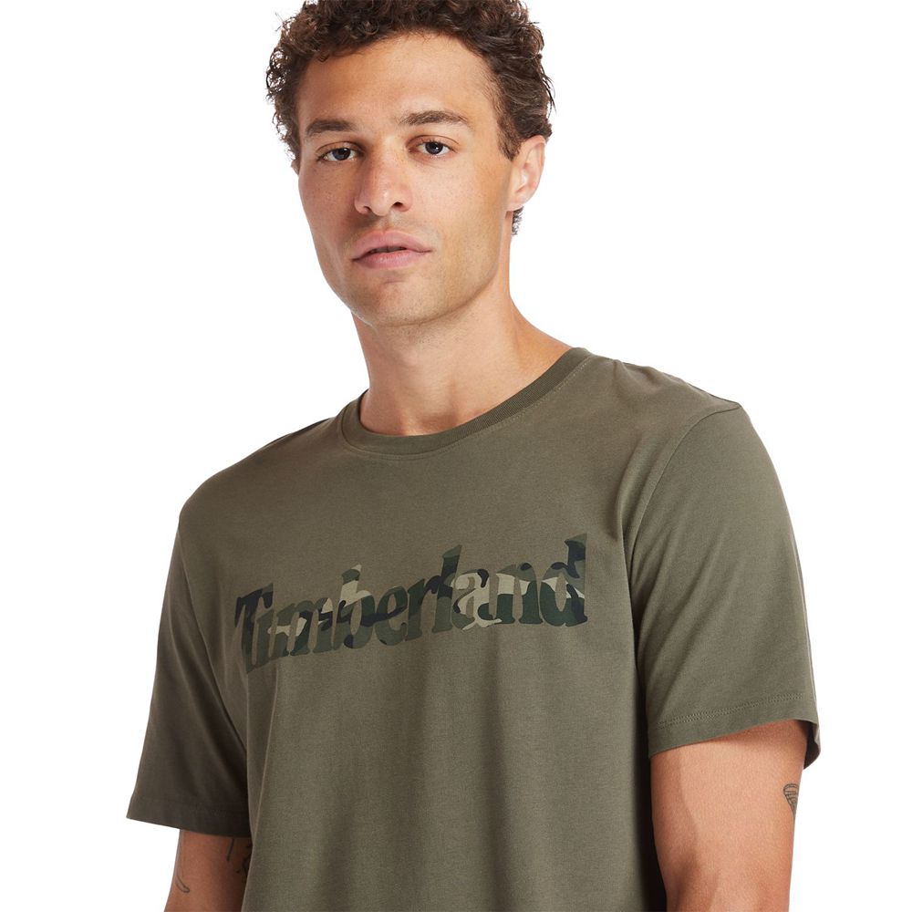 Timberland Mens T-Shirts Kennebec River Camo-Logo - Olive - India XR3719850